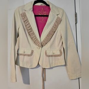 Vintage 00s Mackage Cotton Leather Lined Blazer with Ruffled Trim & Corset Back